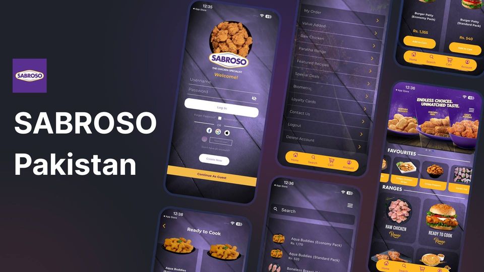 Screens from the Sabroso Pakistan food delivery app