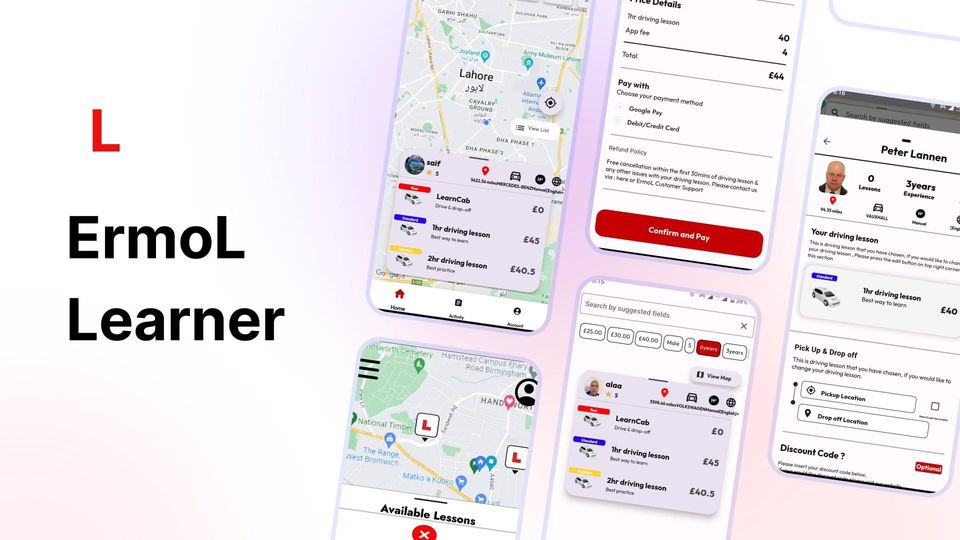 Screens from the Ermol Learner driving lesson booking app